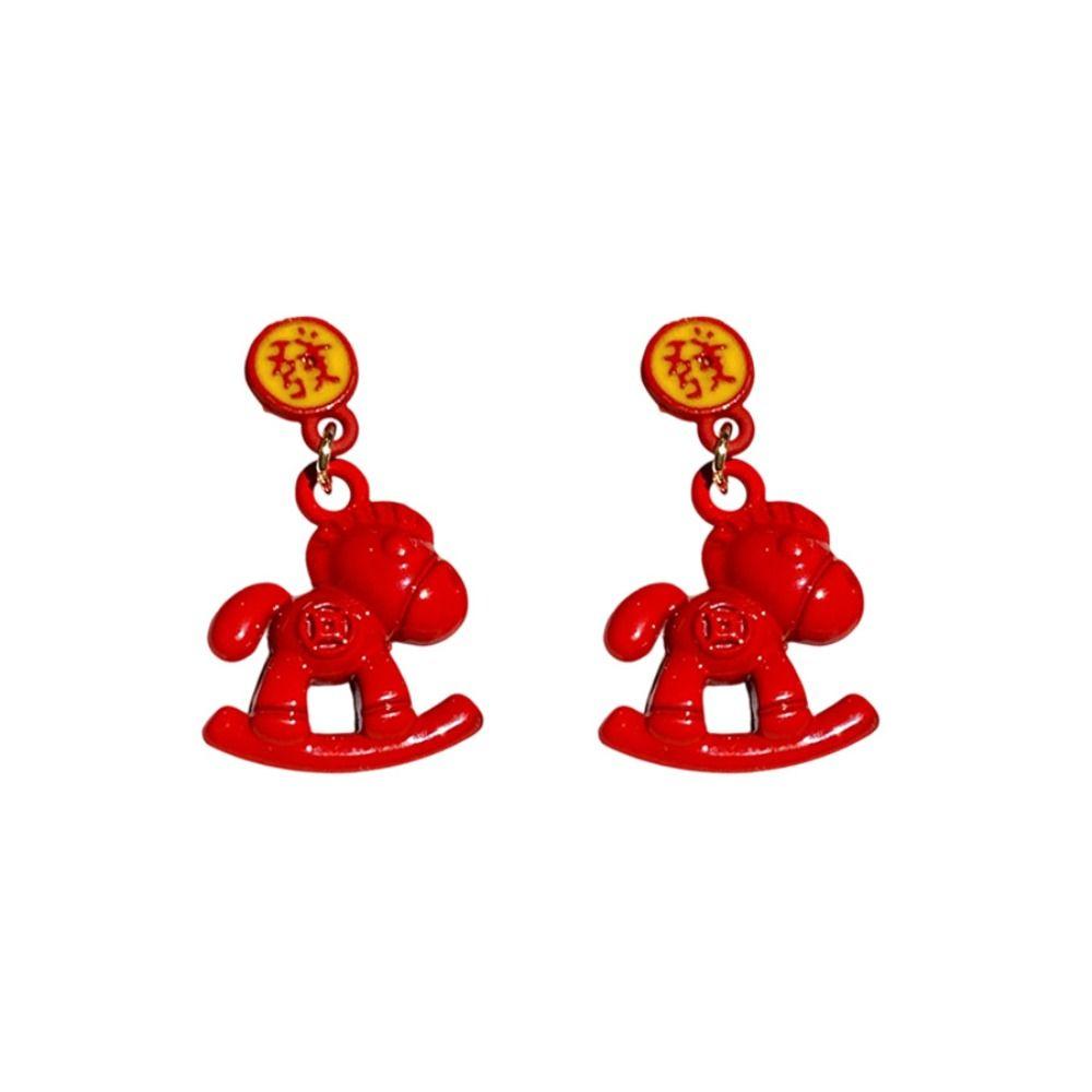 Fu Character Chinese Style Pony Earrings Zinc Zinc Alloy Red Drop Earrings Chinese Horse Stud Earrings  Woman