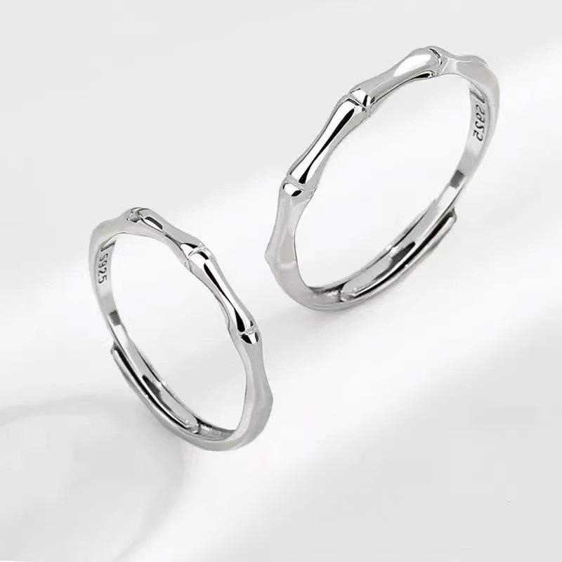 925 Silver-Plated Bamboo Joint Rings for Couples - Open Design, Perfect 520 Gift for Your Girlfriend