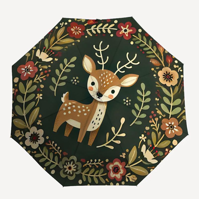 1pc Deer Floral Wreath Automatic Folding Umbrella - Windproof Compact Travel Umbrella with Auto Open/Close, 8-Rib Heavy-Duty Shaft for Women/Men A025