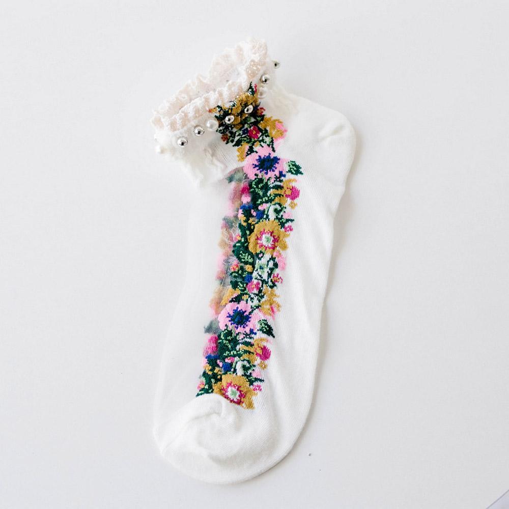 

Lolita Socks Pearl Spring Women Summer Short Socks Hosiery Boat Socks Embroidery Flowers Socks