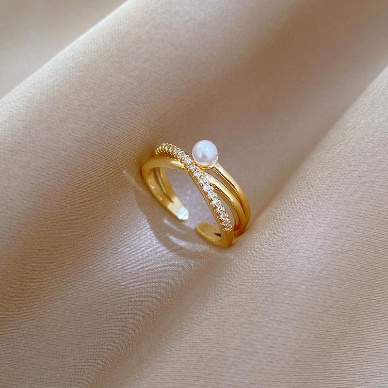 18k Gold Plated Trendy Imitation Pearl Zircon Cross Rings for Women Girls Adjustable Open Copper Ring Jewelry Accessories Gifts