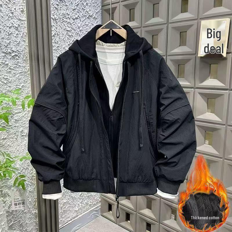 Autumn/Winter Hooded Cotton-Padded Faux Two-Piece Jacket - 2025 Trendy Loose Casual Windbreaker Coat