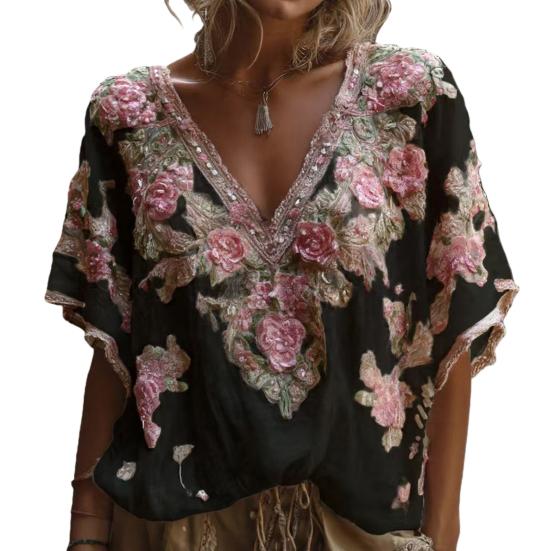 Women T-shirt V-Neck Short Sleeve 3D Imitation Jacquard Flower Decor Pullover Tops Loose Fit Summer Blouse Daily Wear