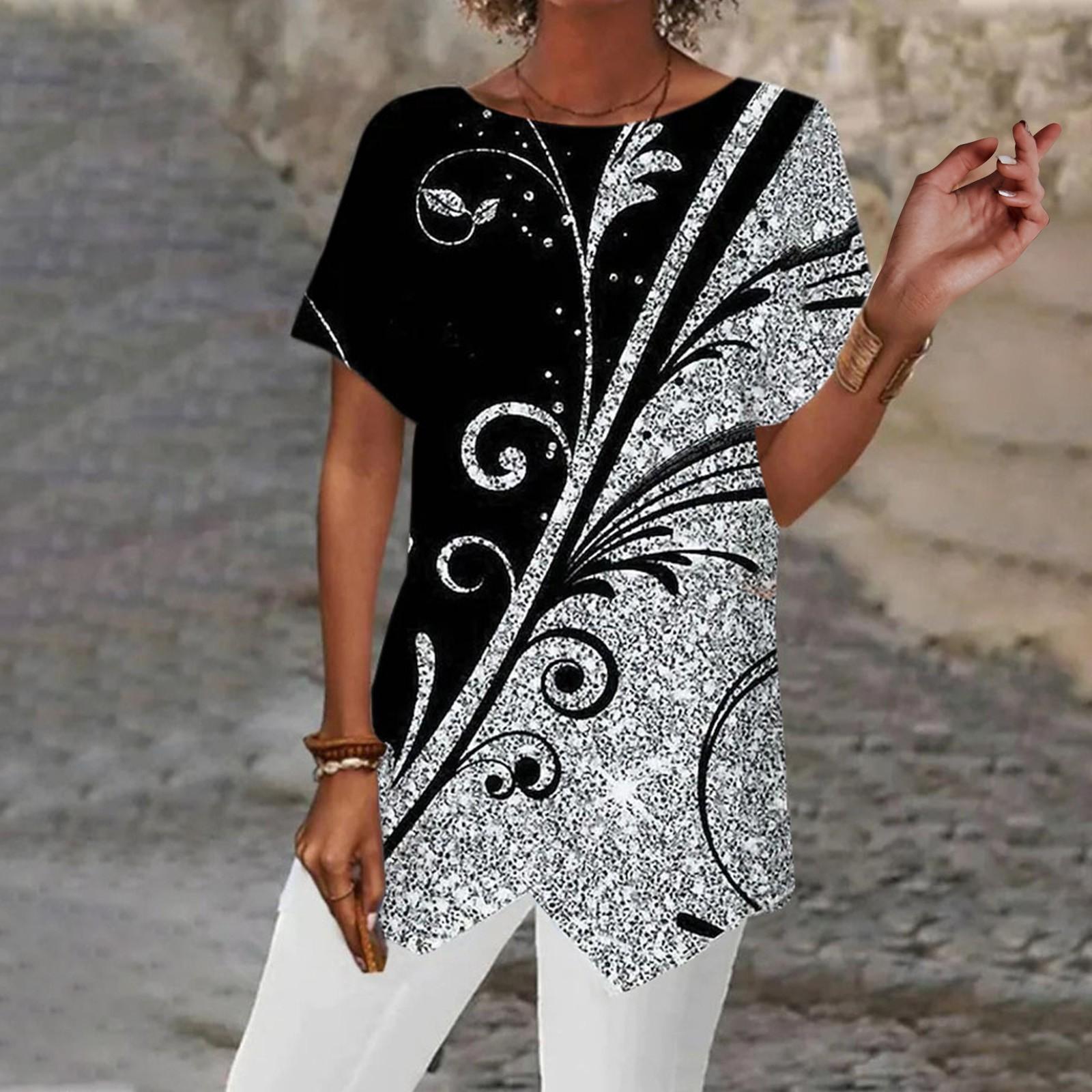 

(Куниде) Модная женская летняя свободная футболка с геометрическим принтом и коротким рукавом с нерегулярным подолом XXL серый