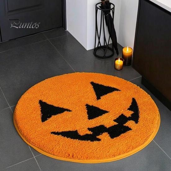 Cozy Soft Bedroom Accent Mat Halloween Pumpkin Bath Mat, Bathroom Rug with Non-slip Backing, Non-shedding Flocking Absorbent Black Cat for Home