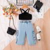 Mädchenmode-Set: Sommer Kinder Kurzträgertop + Denimhose + Hüfttasche Dreiteiliges Set