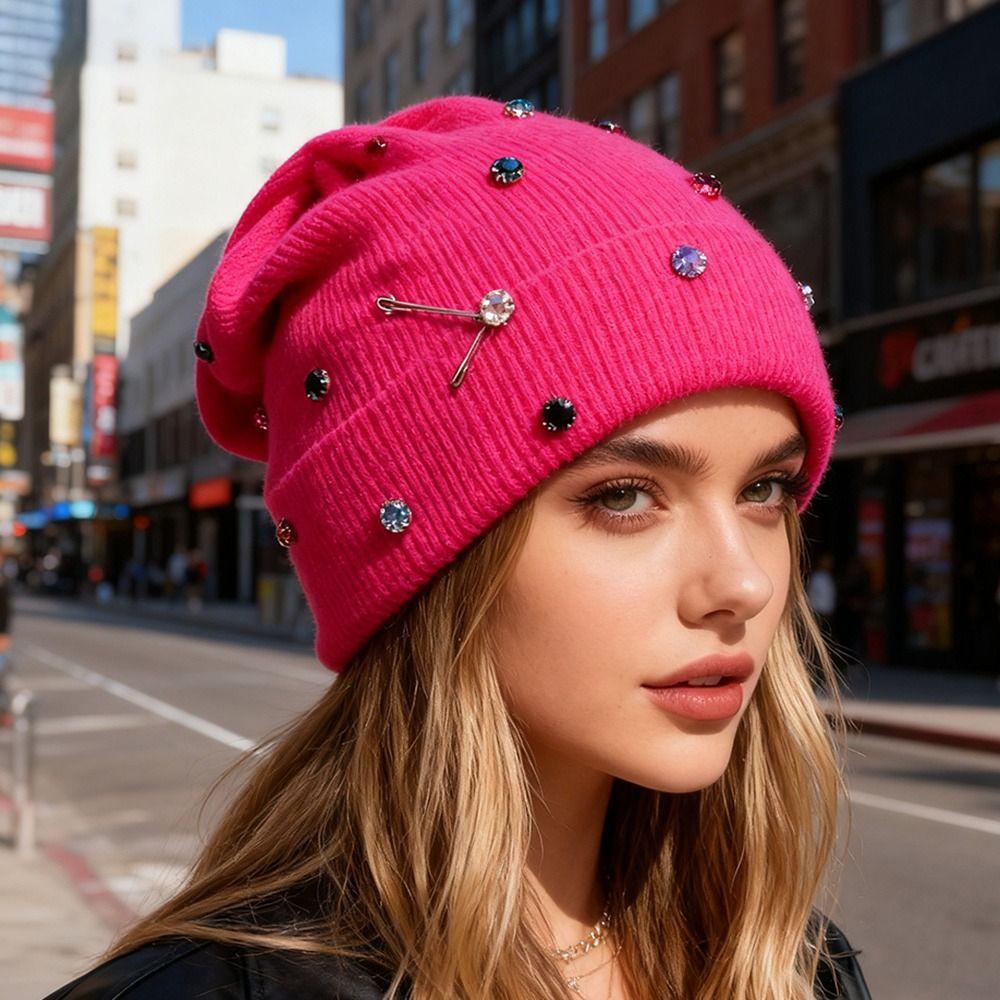 Warm Winter Hat Colored Rhinestone Knitted Pullover Cap Casual Ear Protection Hat Outdoor Sports
