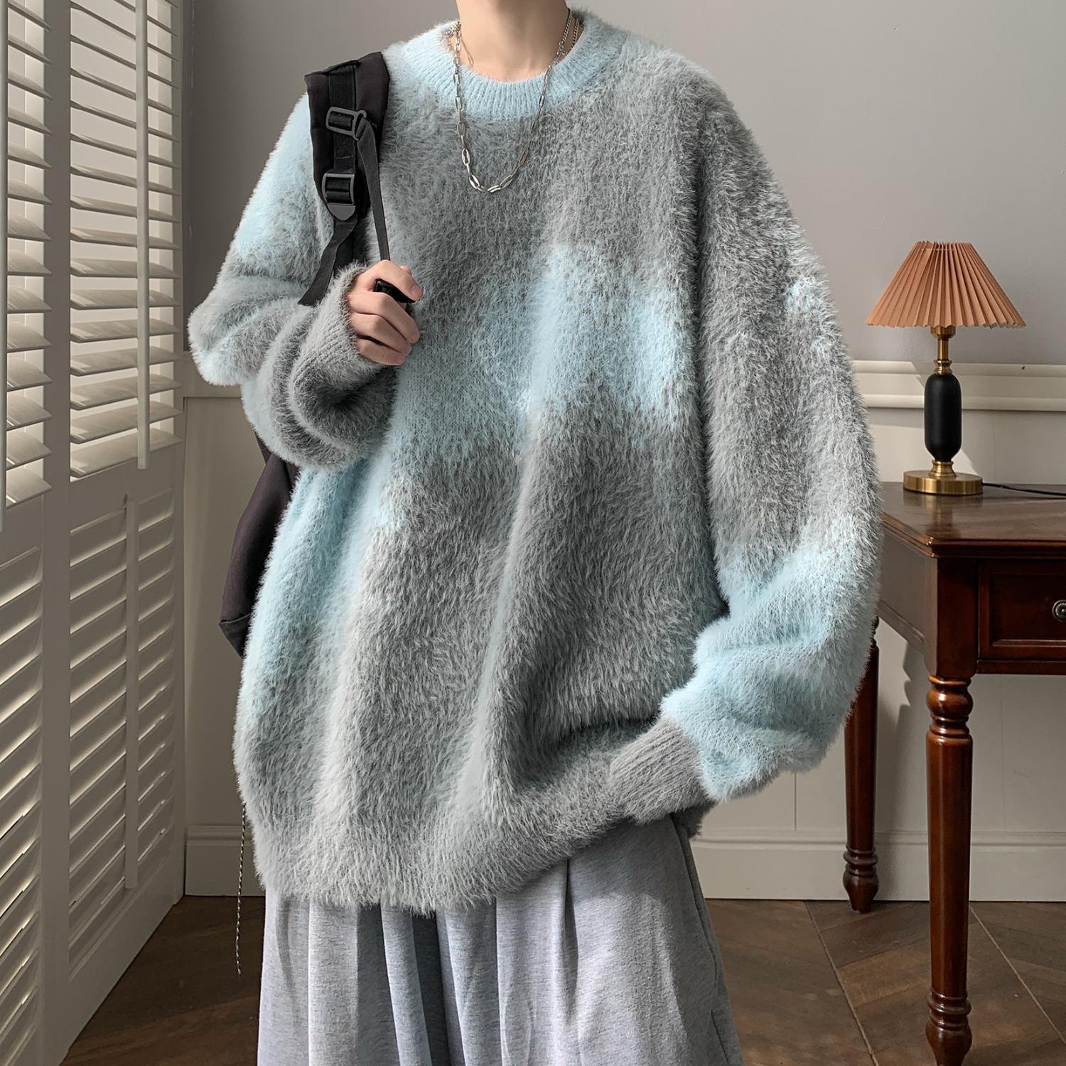 Men s Retro Color Block Plush Hoodie - Winter Warm, Loose Knit Sweater M синий