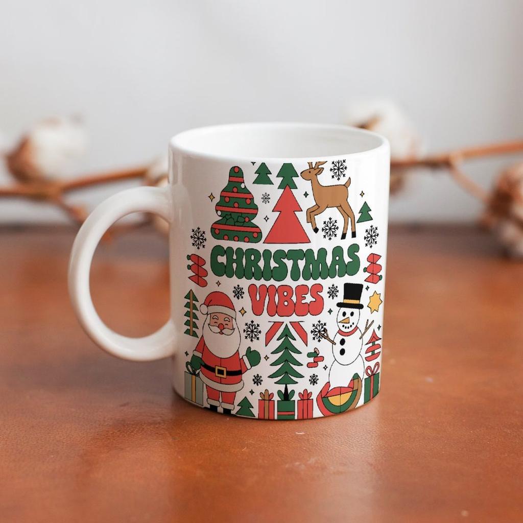 11oz White Ceramic Mug with Glossy Finish and Double-Sided Printed Area, Suitable for Coffee, Tea and Daily Beverage Enjoyment