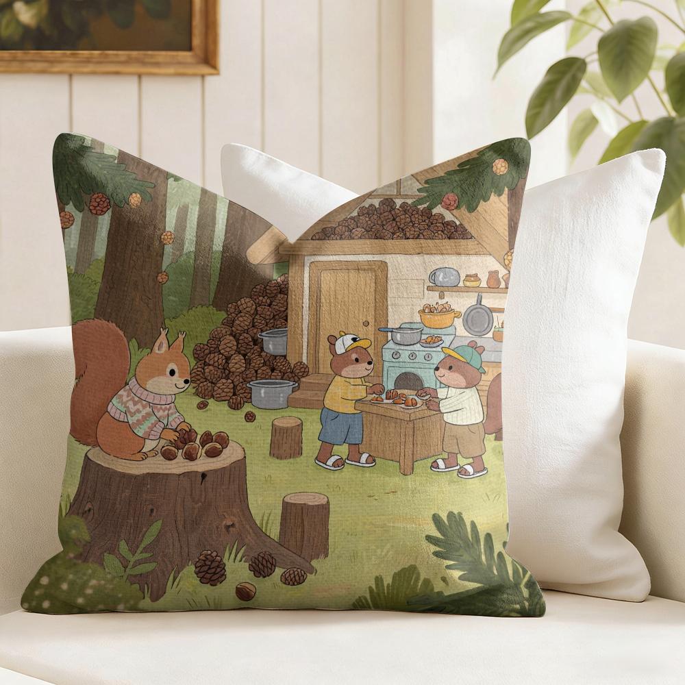 Cute Squirrel Cushion Cover Natural Linen Pillow Cover DoubleSided Print Cushion Cover for Sofa Home Decor