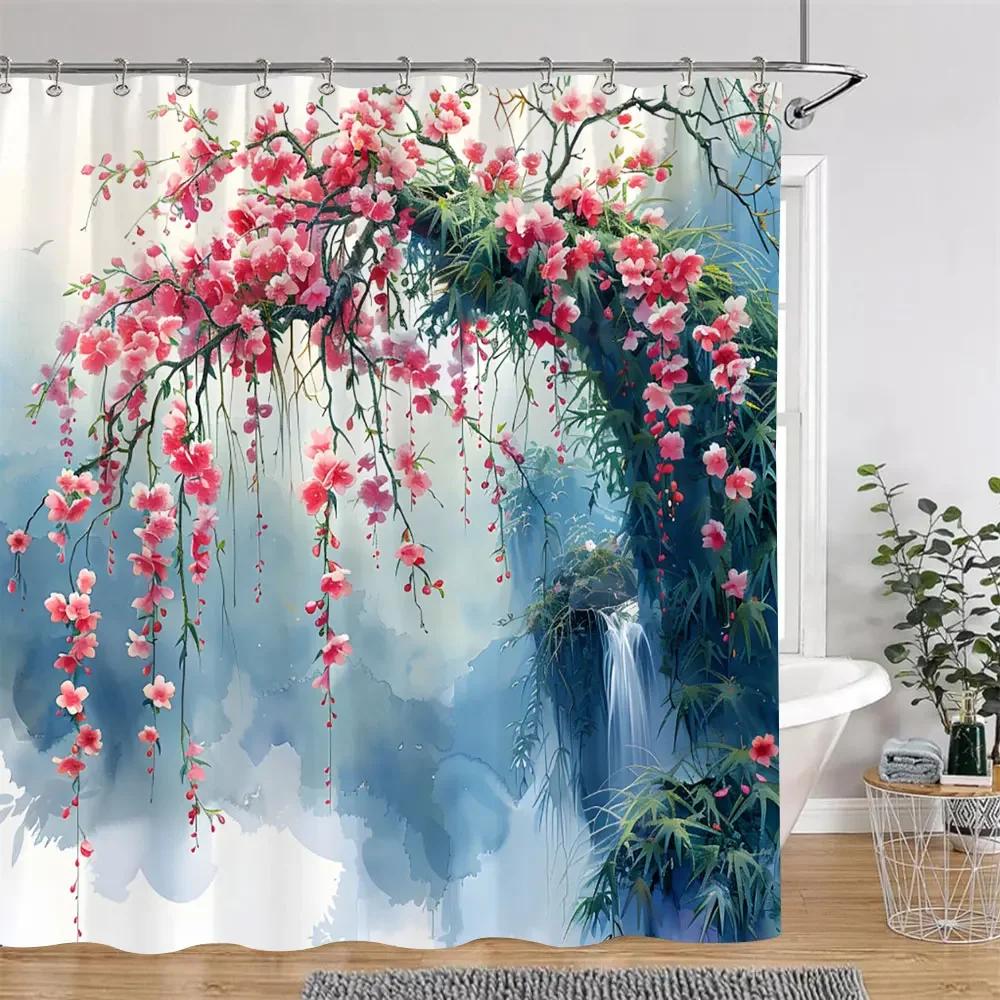Watercolour Floral Print Shower Curtain Gorgeous Floral Rustic Flower Polyester Fabric Shower Curtains Bathroom Decor with Hooks