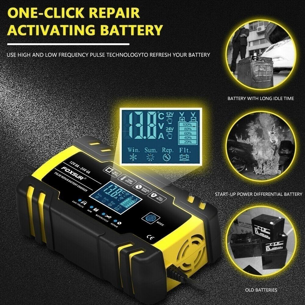 Upgrade 12V8A/24V4A Pulse Repairing Charger with LCD Display Motorcycle & Car Battery Charger AGM GEL WET Lead Acid Battery Charger 100-240V