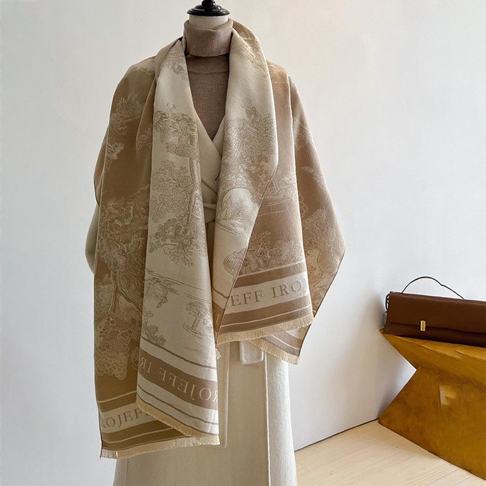 Jacquard landscape painting imitation cashmere scarf for women's office air-conditioned room thick and warm long trendy scarf