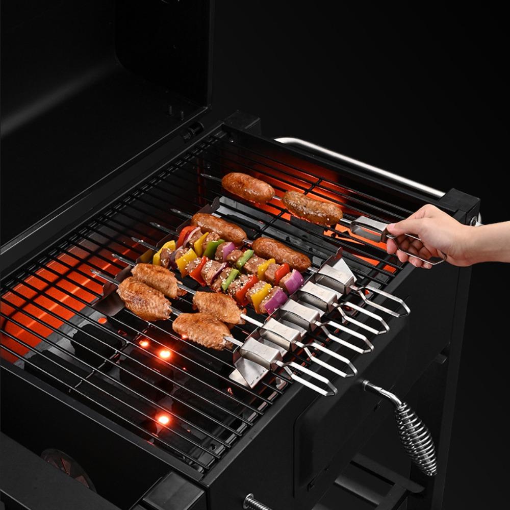 6Pcs Stainless Steel Barbecue Skewer Semi-automatic BBQ Stick Barbecue Needle  Picnic