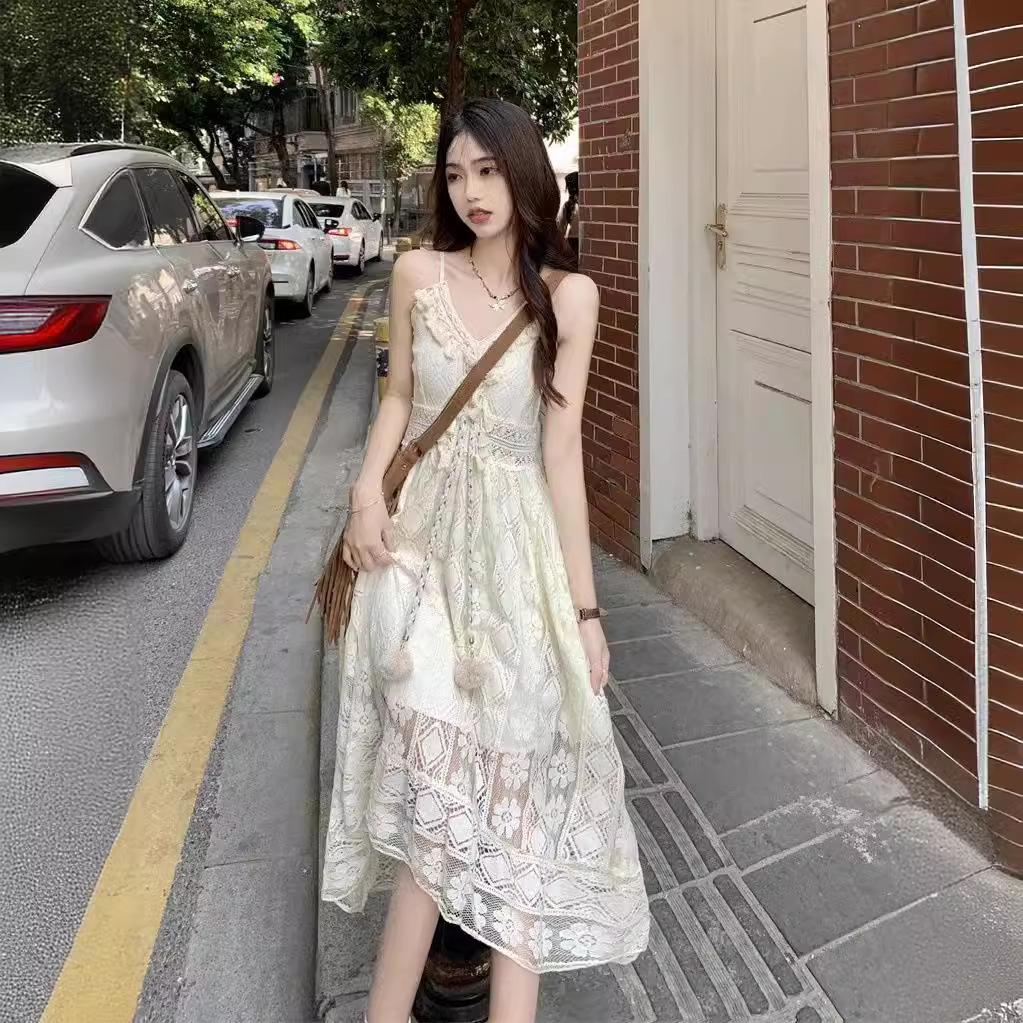 New Romantic Vacation Retro Hollowed Tassel Lace Bohemian Long Dress Mesh Suspender Dress