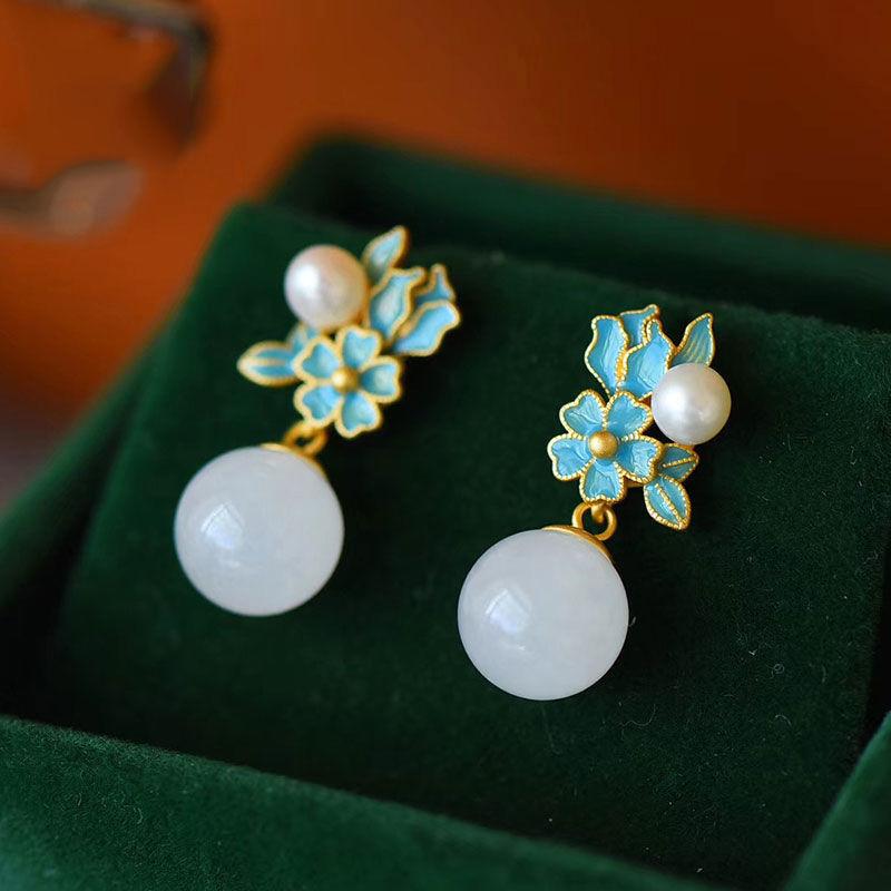 

New Porcelain Inlaid Hetian White Jade Pearl Flower Enamel Porcelain Necklace Earrings Palace Style Elegant Ladies Jewelry