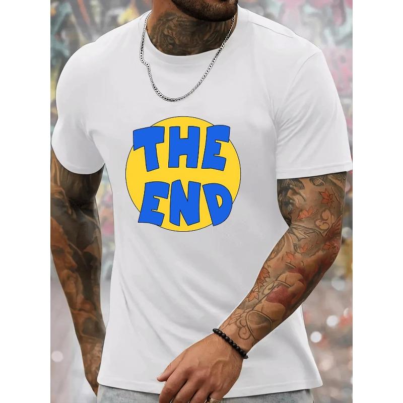 

Мужская летняя повседневная футболка с круглым вырезом и принтом Конец - Полиэстеровая трикотажная ткань с легкой эластичностью, Обычная посадка, Футболка с коротким рукавом с узором S белый