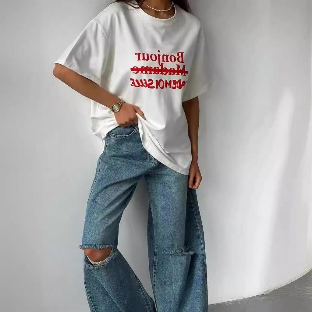 Basit Retro Amerikan 2024 Yaz Tişörtü: %100 Pamuk, Bol Kesim, Kısa Kollu, Yazılı Baskı