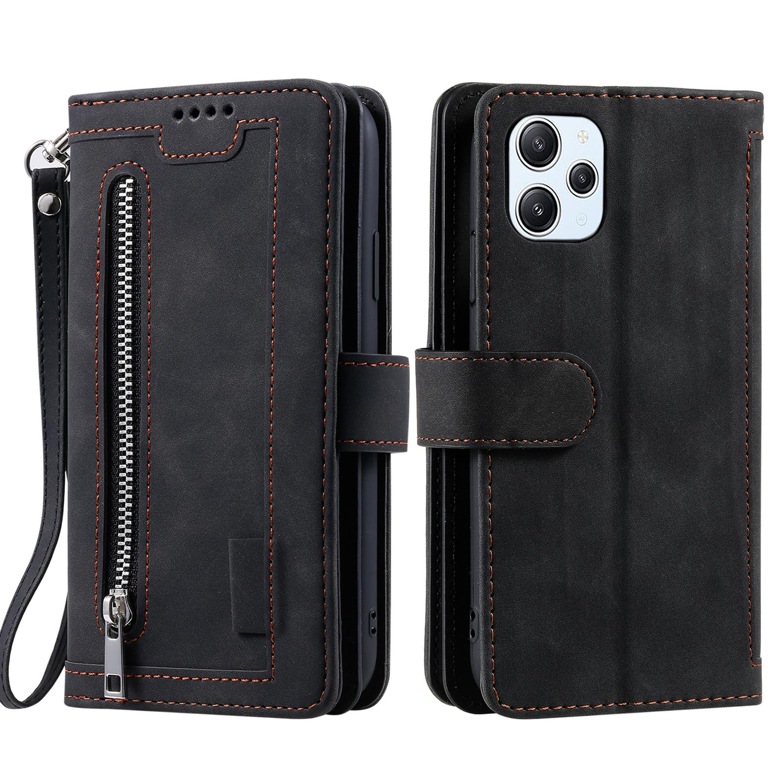 

For Xiaomi Redmi 12 4G Zipper Pocket PU Leather Phone Case 9 Card Slots Drop-proof Cover Black