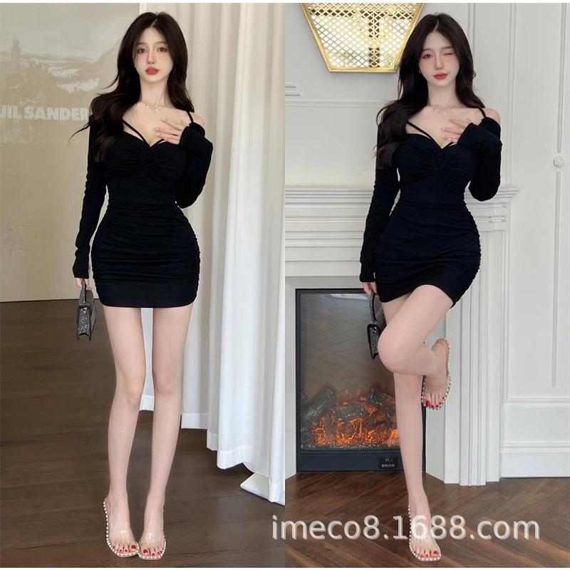 autumn and winter small hot girls women's clothing sexy straps hollow tight pleated hip-wrapped bottoming long-sleeved dress