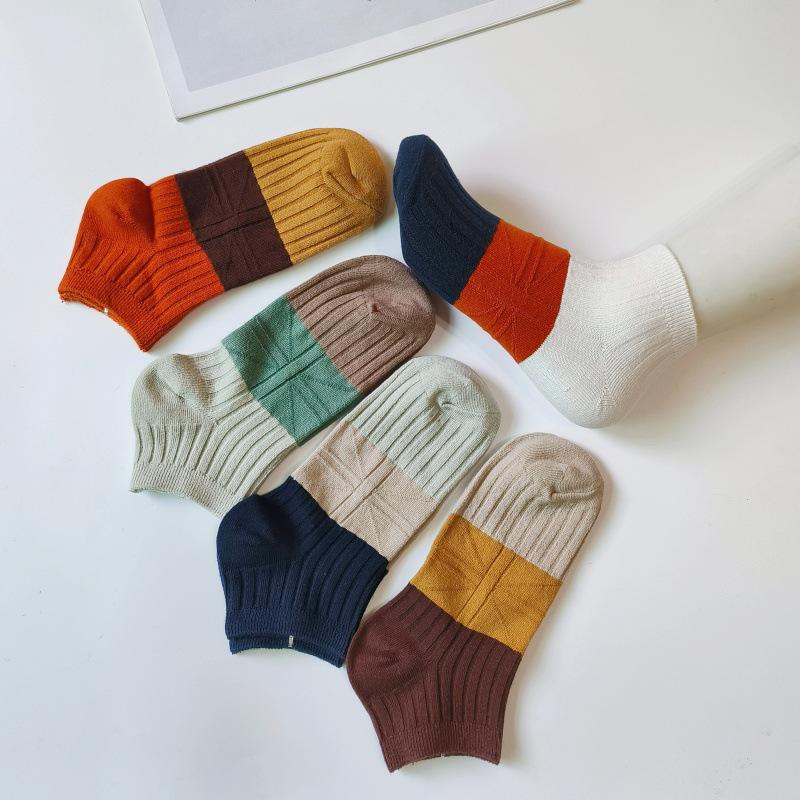 Men's Spring/Summer Thin Korean Style Color Block Low-Cut Cotton Socks - Breathable & Sweat-Absorbing