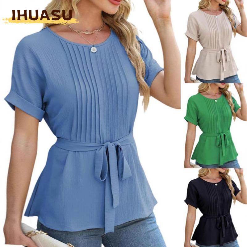 IHUASU Women's Fashion Casual Solid Color Print Short Sleeve O-Neck Blouses & Shirts Unique design