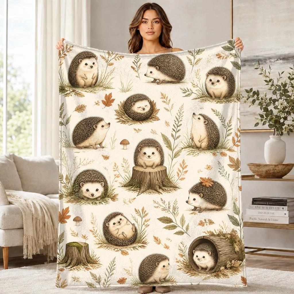 Woodland Hedgehog Coral Fleece Blanket Forest Animal Decor