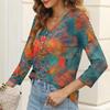 Women's Casual Fashion Sexy Comfortable V-Neck Button Floral Three-quarter Sleeve Top
