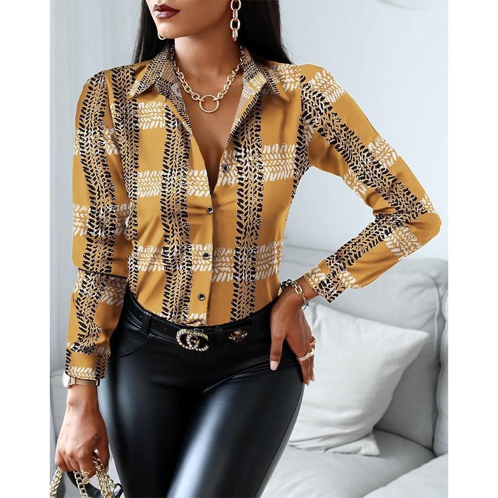 Women Fashion Shirt Vintage Autumn Shirt Print Blouse Casual V-neck Long Sleeve Shirt  Blouse