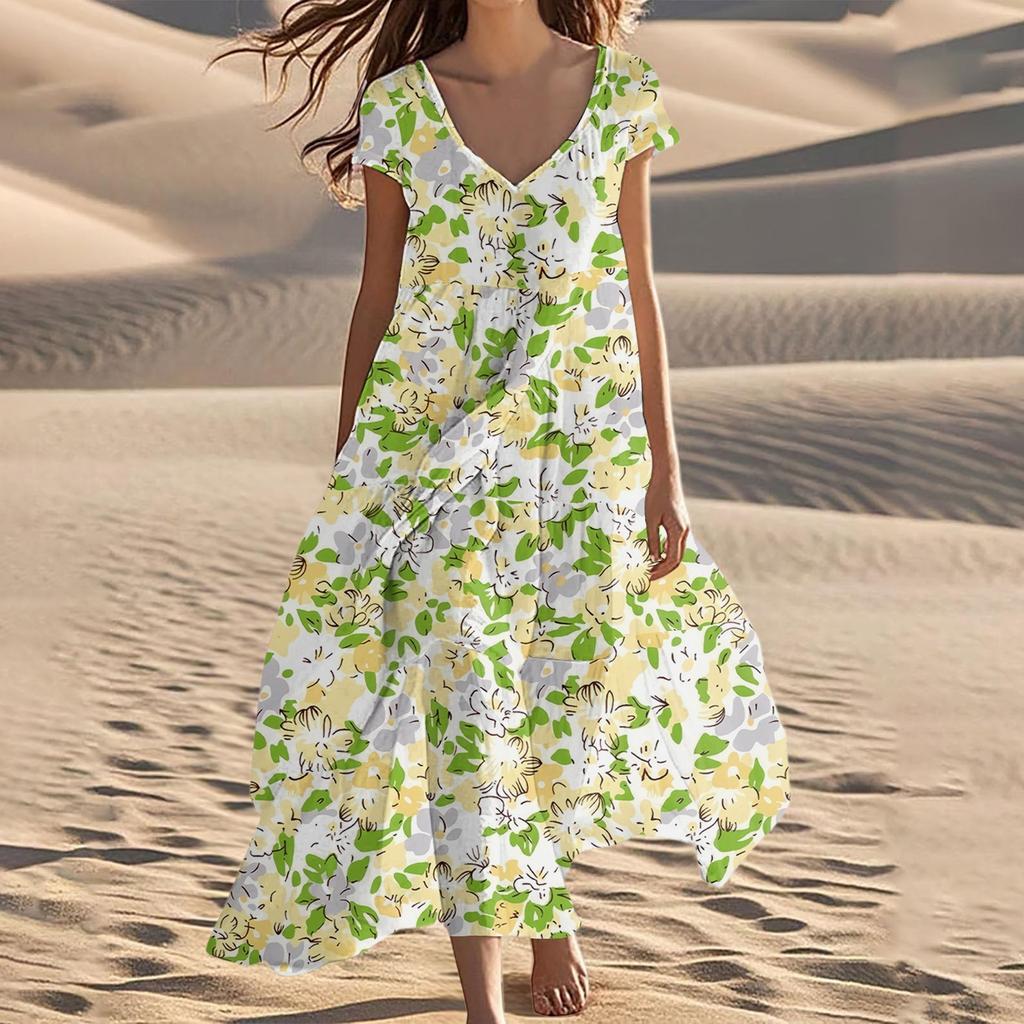 Women's Summer Fashion V-Neck Beach Long Short Sleeve Floral Printed Dresses