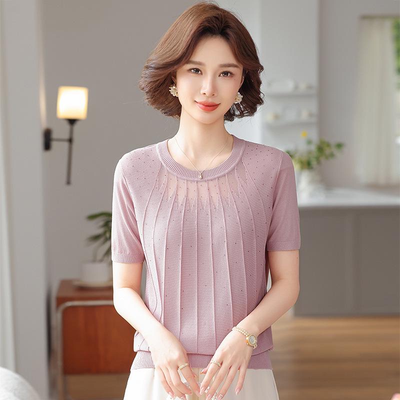 Mom's Chic Ice Silk Short-Sleeve T-Shirt for Middle-Aged Women - 2026 Summer Top