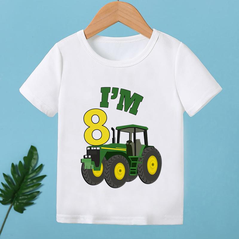 Agricultural Tractor Birthday Numbers 1 2 3 4 5 6 7 8 9 Cartoon Printed Summer Girls and Boys Short Sleeved Tshirt