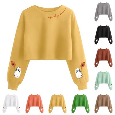 Women's Fashionable Halloween Print Spooky  Navel-baring Long-sleeved Pullover Sweatshirt