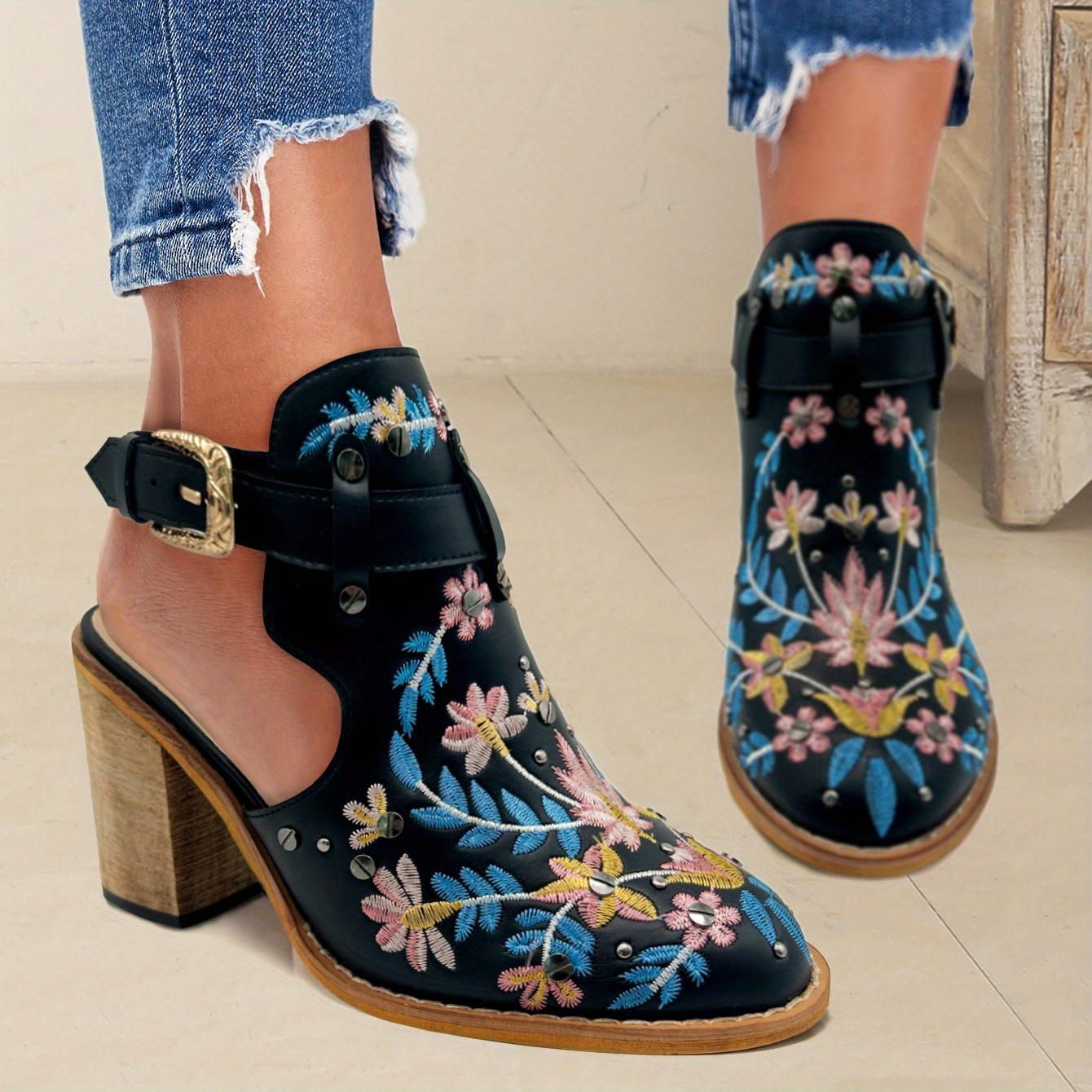 

[Vintage Ankle Boots] 2025 New Chunky Heel Ankle Boots | Women s Pointed Toe Floral Vintage Style with Comfortable Open Back Strap 36 чорний