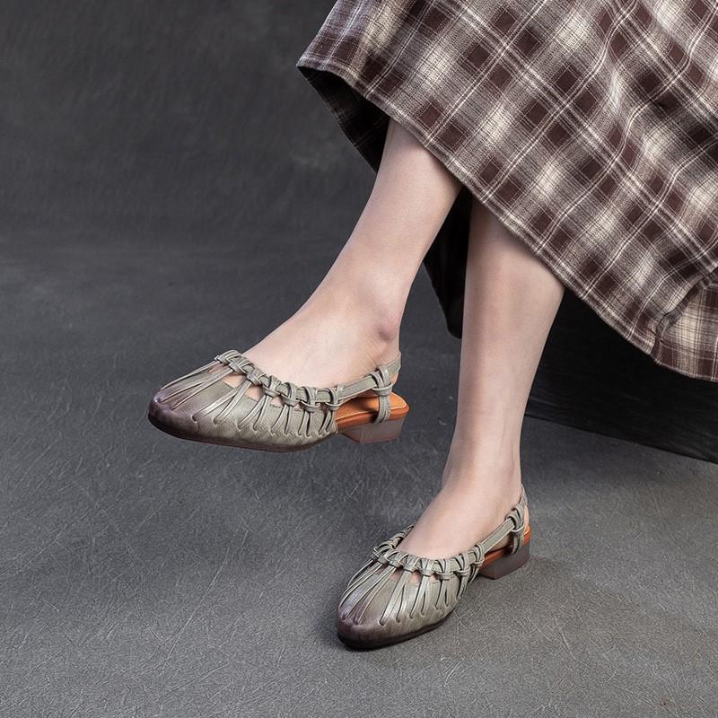 Johnature Gewebte, ausgehöhlte römische Sandalen mit niedrigem Absatz, echtes Leder, weiche Sohle, lässige, vielseitige Damenschuhe