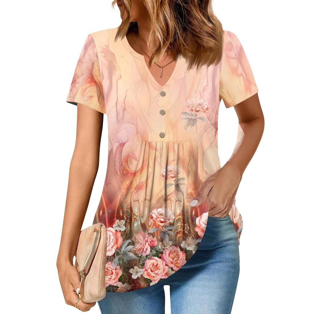 Damskie bluzki z krótkim rękawem, letnie koszulki z dekoltem w serek, swobodna bluzka plisowana, luźny nadruk, podstawowy t-shirt