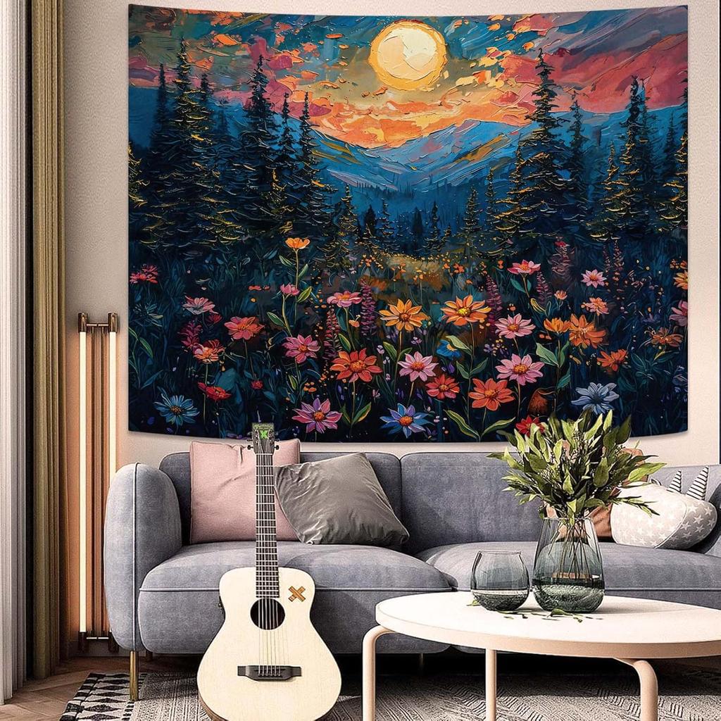Kampdream Landscape Tapestry, Scenery Art Wall Tapestries, Nature Wall Decor for Bedroom Living Room Backdrop Sunset Wildflowers 36×48 Inches