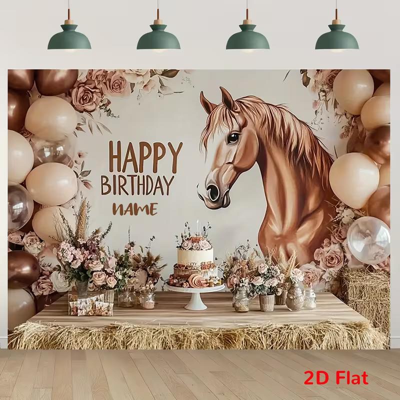 2D Cowgirl Party with Brown Horse and Flowers Backdrop Photography Background Banner