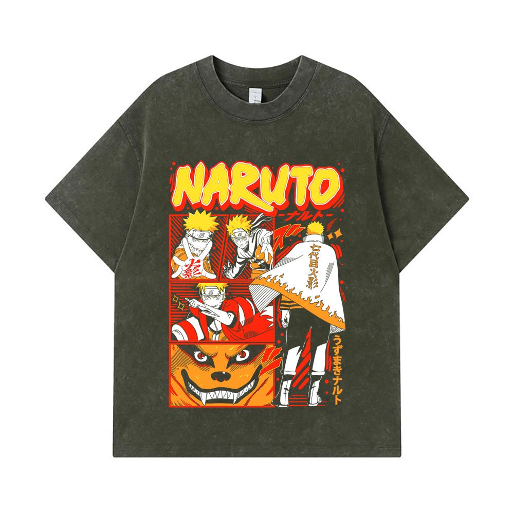 

275 GSM Washed T-shirts 100% Cotton Naruto V2 Hokage Print Unisex Heavy Cotton T Shirt S армия зеленый