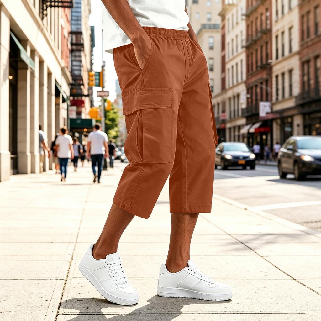 Men Drawstring Waist Multi Pocket Casual Capri Pants Loose Fit Knee Length Cargo Trousers for Outdoor Daily Wear