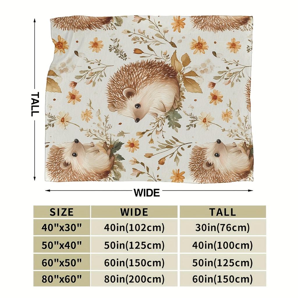 1pc Cozy Hedgehog Floral Blanket - Soft Flannel Polyester Throw with Adorable Hedgehog & Flower Design, Perfect for Home Decor,