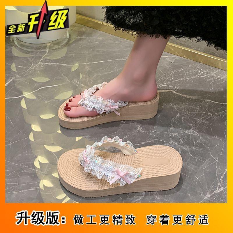 2025 summer wear versatile casual slippers women's platform bow lace edge flip-flops holiday beach shoes women