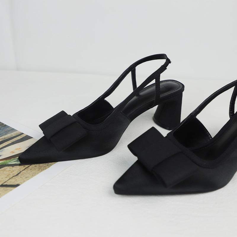 Fashion Black High Heeled Slingback Shoes for Women 2025 Summer Elegant Pointed Toe Butterfly-knot Design Ladies Dress Office Pumps