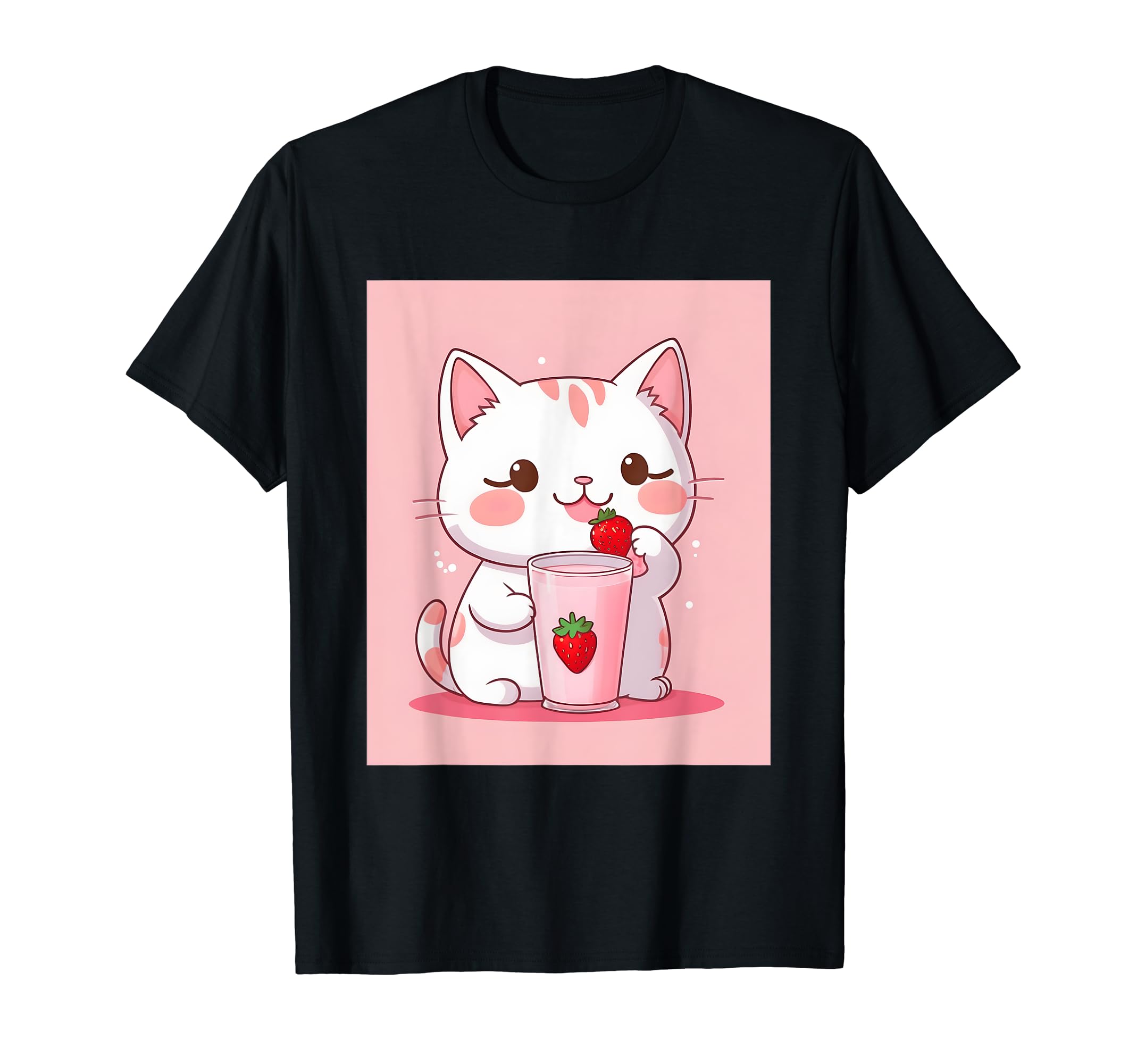 

strawberry things printed Kawaii, cat, milk, cute, Japanese, T-shirt чорний