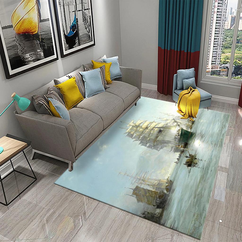 Oil Painting Sailboat Carpet Bathroom Mat Sea Scenery Waves Non-Slip Rug Kitchen Doorway Carpet Living Room Bedroom Decor Rugs