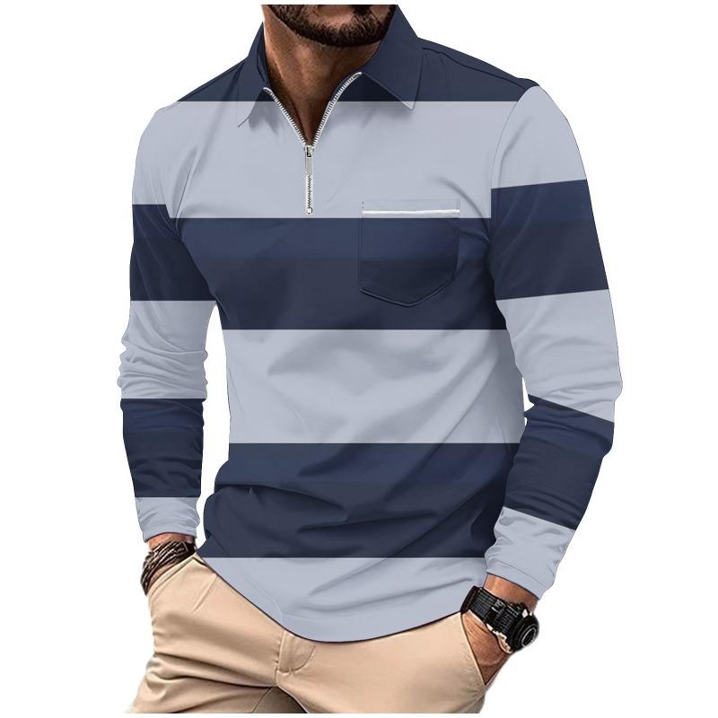 Men's Printed Polo Shirt with Zipper Pocket Sports Long Sleeved Polo Shirt