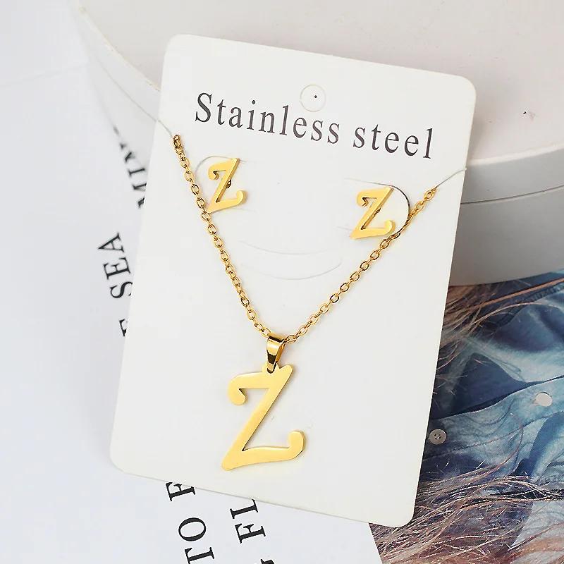 Stainless Steel Letter Necklace Bracelet Earring Zircon Set for Women Alphabet Pendant Necklace Party Gift
