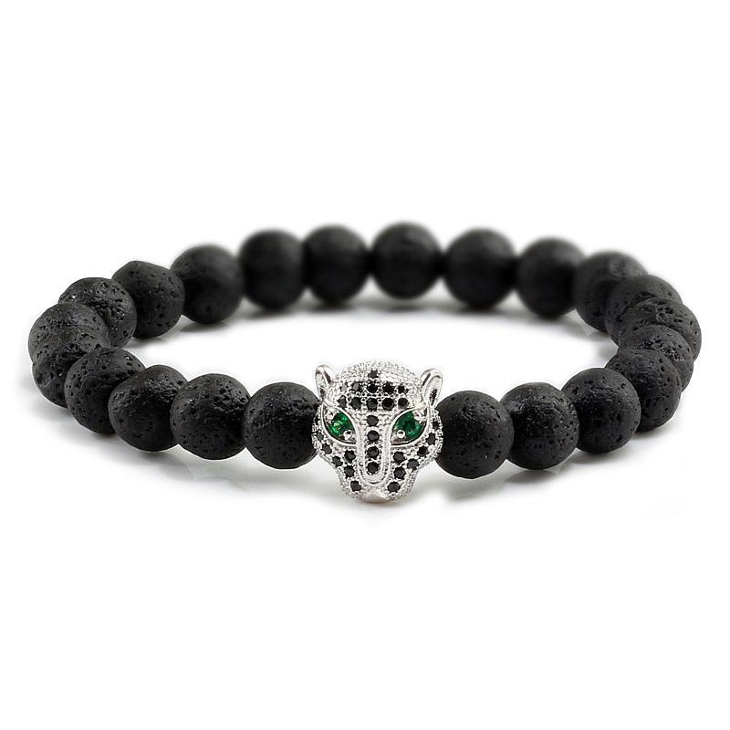 Volcanic Stone Beads Bracelet with Leopard Head and Diamond Circle - Trendy Elastic Hand Ornament