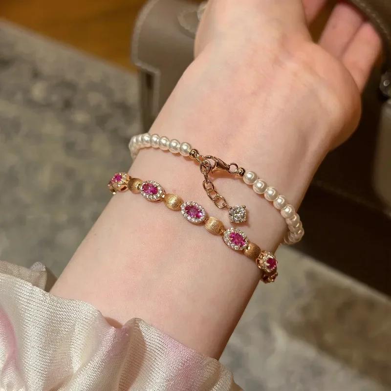 Creative inlaid ruby bracelet for women exquisite and High quality glossy and fashionable oval brushed bangles wedding Zircon
