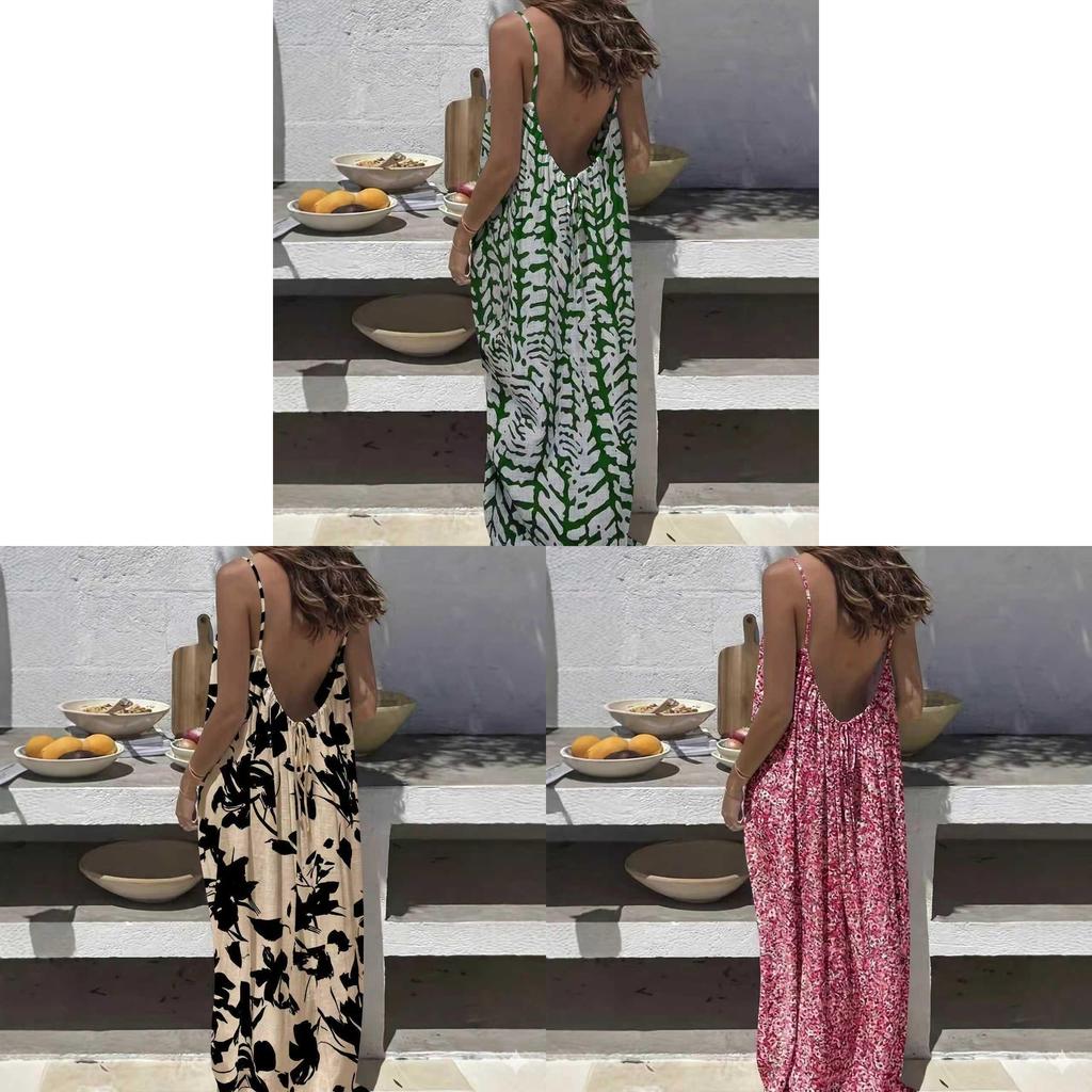 Maxi Abito Estivo Stampato Senza Schiena con Spalline Annodate per Uso Casual in Vacanza al Mare